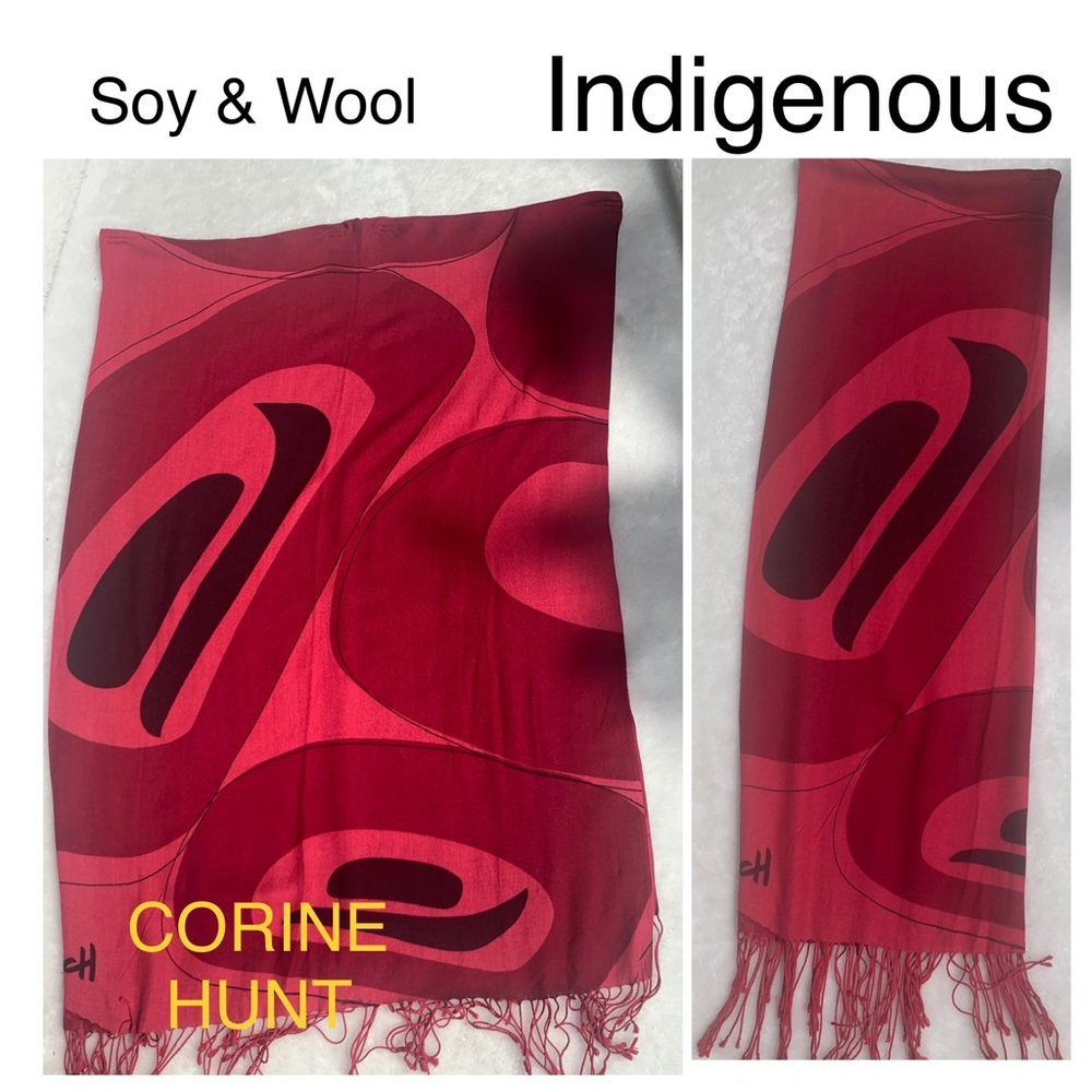⭐️ Native large SOY & WOOL Artist made fabric Scarf FIRST NATIONS Red Scarf